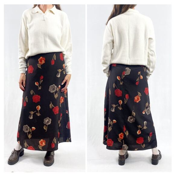 Vintage 90s Espresso Brown Cottage Floral A Line Midi Skirt Sz Small - Picture 2 of 8